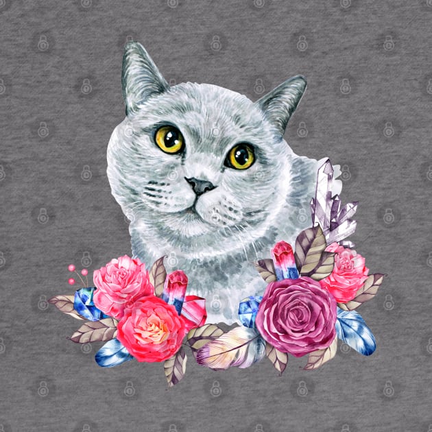 Cute Russian Blue Cat with Roses Watercolor Art by AdrianaHolmesArt